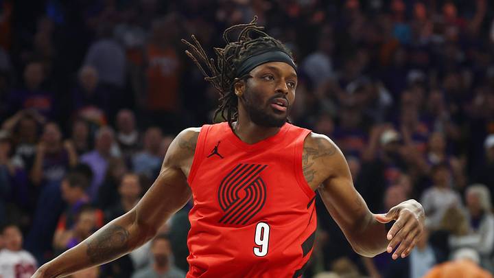 Apr 14, 2026; Phoenix, Arizona, USA; Portland Trail Blazers forward Jerami Grant (9) against the Phoenix Suns during the play-in rounds of the 2026 NBA Playoffs at Mortgage Matchup Center. Mandatory Credit: Mark J. Rebilas-Imagn Images Apr 14, 2026; Phoenix, Arizona, USA; Portland Trail Blazers forward Jerami Grant (9) against the Phoenix Suns during the play-in rounds of the 2026 NBA Playoffs at Mortgage Matchup Center. Mandatory Credit: Mark J. Rebilas-Imagn Images