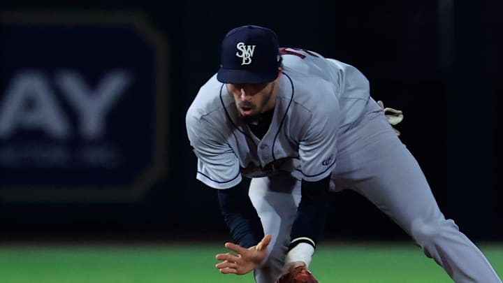 Scranton/Wilkes-Barre RailRiders infielder Braden Shewmake (23) fields a hit during the fourth inning of Game 3 of an MiLB International League Championship Series at VyStar Ballpark Thursday, Sept. 25, 2025 in Jacksonville, Fla. The Jacksonville Jumbo Shrimp defeated the Scranton/Wilkes-Barre RailRiders 7-4 and took home the title in a best-of-three game series. [Corey Perrine/Florida Times-Union]