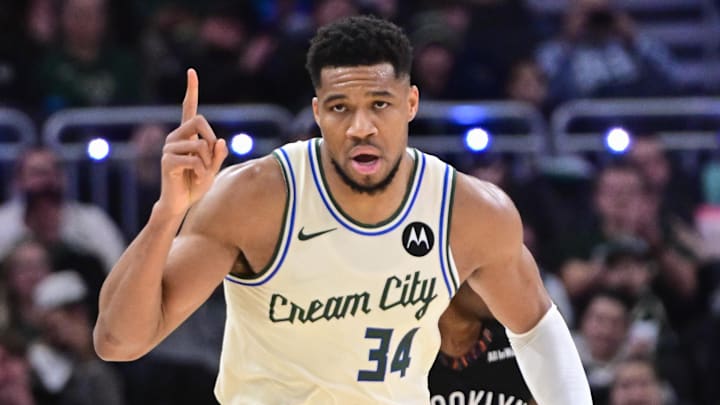 Milwaukee Bucks forward Giannis Antetokounmpo (34) reacts after scoring his 21,000th career point in the third quarter against the Brooklyn Nets at Fiserv Forum on November 29, 2025.