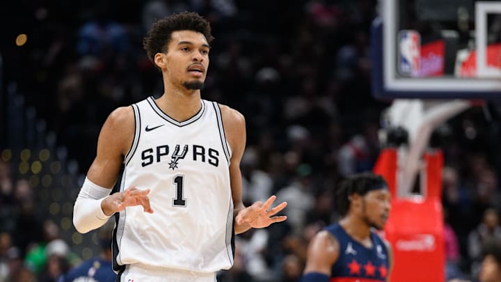 Feb 10, 2025; Washington, District of Columbia, USA; San Antonio Spurs center Victor Wembanyama (1) reacts after making a 3-point field goal during the first quarter against the Washington Wizards at Capital One Arena.