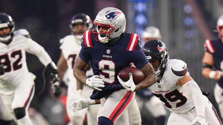 Jan 18, 2026; Foxborough, MA, USA; New England Patriots wide receiver Kayshon Boutte (9) runs with the ball in the second quarter against the Houston Texans in an AFC Divisional Round game at Gillette Stadium. Mandatory Credit: David Butler II-Imagn Images