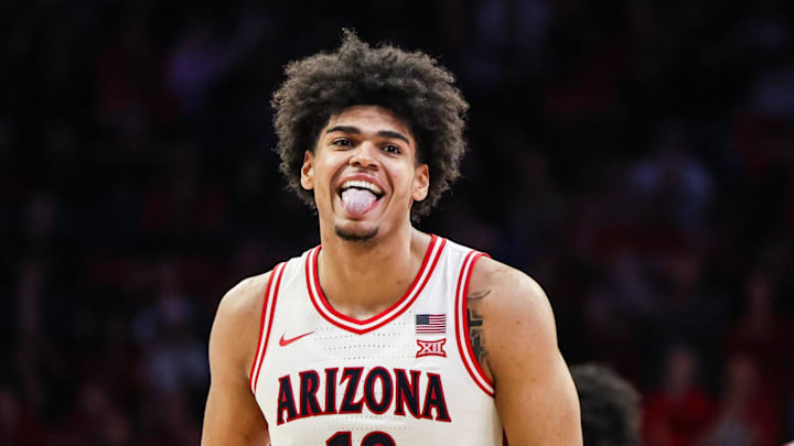 Jan 7, 2026; Tucson, Arizona, USA; Arizona Wildcats forward Koa Peat (10) sticks out his tongue during the second half of the game against the Kansas State Wildcats at McKale Memorial Center. Mandatory Credit: Aryanna Frank-Imagn Images