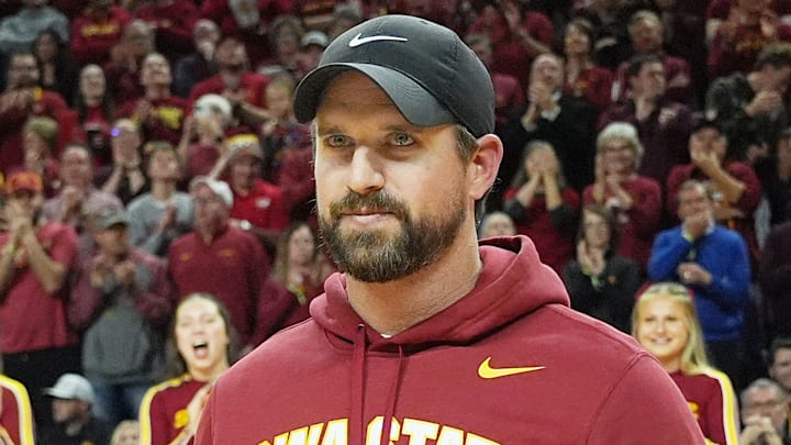 Iowa State football coach Jimmy Rogers speaks during a timeout in the first half in the Iowa State and Iowa men’s basketball Cy-Hawk series at Hilton coliseum on Dec. 11, 2025, in Ames, Iowa.