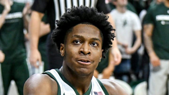 Michigan State's Cam Ward celebrates after scoring and drawing an Indiana foul during the second half on Tuesday, Jan. 13, 2026, at the Breslin Center in East Lansing. Michigan State's Cam Ward celebrates after scoring and drawing an Indiana foul during the second half on Tuesday, Jan. 13, 2026, at the Breslin Center in East Lansing.