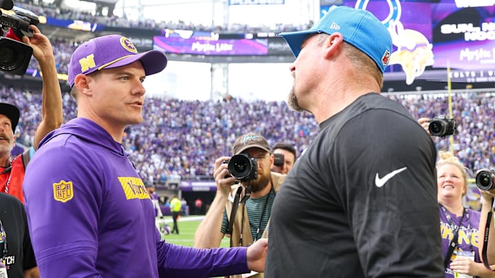 Oct 20, 2024; Minneapolis, Minnesota, USA; Minnesota Vikings head coach Kevin O'Connell and Detroit Lions head coach Dan Campbell shakes hands after the game at U.S. Bank Stadium. Mandatory Credit: Matt Krohn-Imagn Images