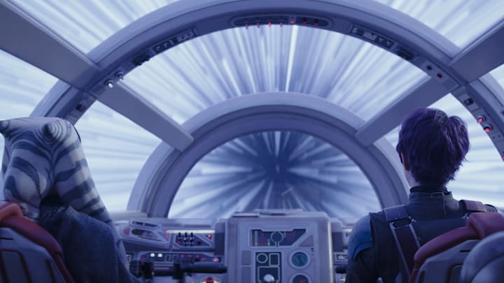 (L-R): Ahsoka Tano (Rosario Dawson), Sabine Wren (Natasha Liu Bordizzo) and Huyang (David Tennant) in Lucasfilm's STAR WARS: AHSOKA, exclusively on Disney+. ©2023 Lucasfilm Ltd. & TM. All Rights Reserved.