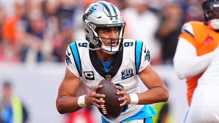Oct 27, 2024; Denver, Colorado, USA; Carolina Panthers quarterback Bryce Young (9) prepares to pass the ball in the fourth quarter against the Denver Broncos at Empower Field at Mile High. Mandatory Credit: Ron Chenoy-Imagn Images