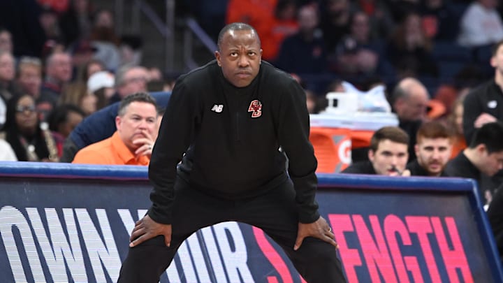 Feb 8, 2025; Syracuse, New York, USA; Boston College Eagles head coach Earl Grant watches play against the Syracuse Orange in the first half at the JMA Wireless Dome. Mandatory Credit: Mark Konezny-Imagn Images Feb 8, 2025; Syracuse, New York, USA; Boston College Eagles head coach Earl Grant watches play against the Syracuse Orange in the first half at the JMA Wireless Dome. Mandatory Credit: Mark Konezny-Imagn Images