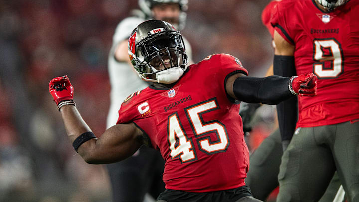 Tampa Bay Buccaneers linebacker Devin White celebrates a sack against the Jacksonville Jaguars at Raymond James Stadium. Tampa Bay Buccaneers linebacker Devin White celebrates a sack against the Jacksonville Jaguars at Raymond James Stadium.