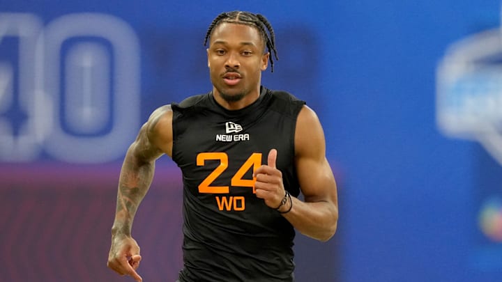 Mar 1, 2025; Indianapolis, IN, USA; Oregon wideout Tez Johnson (WO24) during the 2025 NFL Combine at Lucas Oil Stadium.