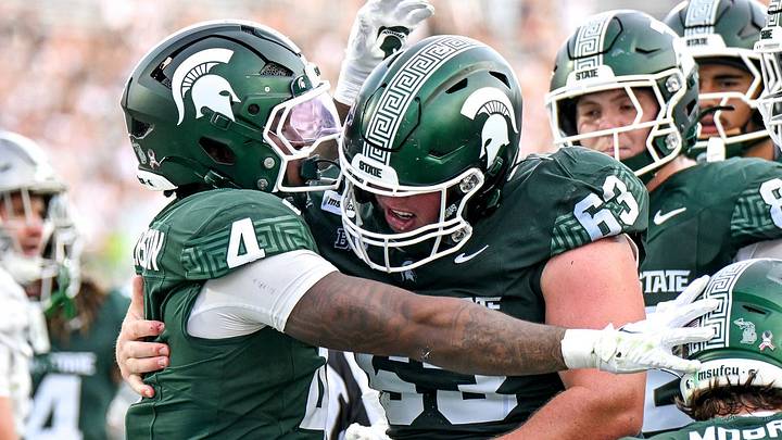 Michigan State’s Jaziun Patterson, left, celebrates his touchdown with Trent Fraley during the fourth quarter against Eastern Michigan on Saturday, Sept. 12, 2026, at Spartan Stadium in East Lansing. Michigan State’s Jaziun Patterson, left, celebrates his touchdown with Trent Fraley during the fourth quarter against Eastern Michigan on Saturday, Sept. 12, 2026, at Spartan Stadium in East Lansing.