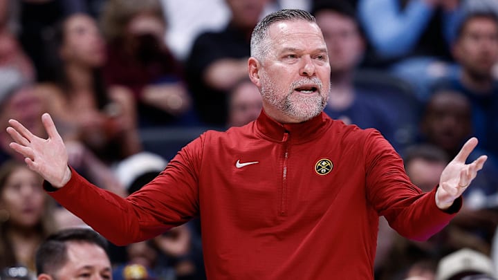 Mar 24, 2025; Denver, Colorado, USA; Denver Nuggets head coach Michael Malone gestures in the third quarter against the Chicago Bulls at Ball Arena. Mandatory Credit: Isaiah J. Downing-Imagn Images