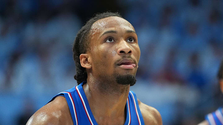 Nov 7, 2025; Chapel Hill, North Carolina, USA; Kansas Jayhawks guard Darryn Peterson (22) at the free throw line in the first half at Dean E. Smith Center. Mandatory Credit: Bob Donnan-Imagn Images Nov 7, 2025; Chapel Hill, North Carolina, USA; Kansas Jayhawks guard Darryn Peterson (22) at the free throw line in the first half at Dean E. Smith Center. Mandatory Credit: Bob Donnan-Imagn Images