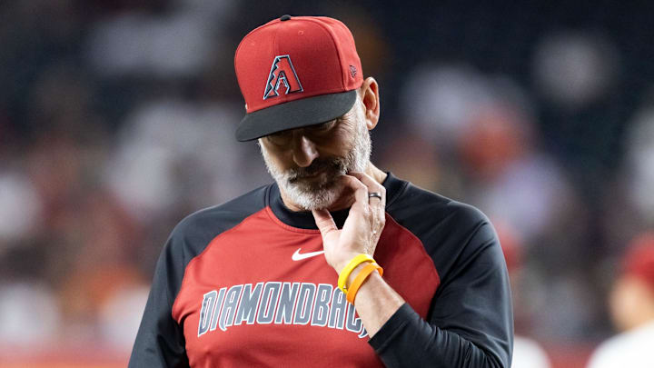 Sep 16, 2025; Phoenix, Arizona, USA; Arizona Diamondbacks manager Torey Lovullo reacts against the San Francisco Giants at Chase Field. Mandatory Credit: Mark J. Rebilas-Imagn Images Sep 16, 2025; Phoenix, Arizona, USA; Arizona Diamondbacks manager Torey Lovullo reacts against the San Francisco Giants at Chase Field. Mandatory Credit: Mark J. Rebilas-Imagn Images