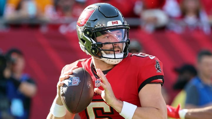 Dec 8, 2024; Tampa, Florida, USA; Tampa Bay Buccaneers quarterback Baker Mayfield (6) drops back to pass during the second half against the Las Vegas Raiders at Raymond James Stadium. Mandatory Credit: Kim Klement Neitzel-Imagn Images