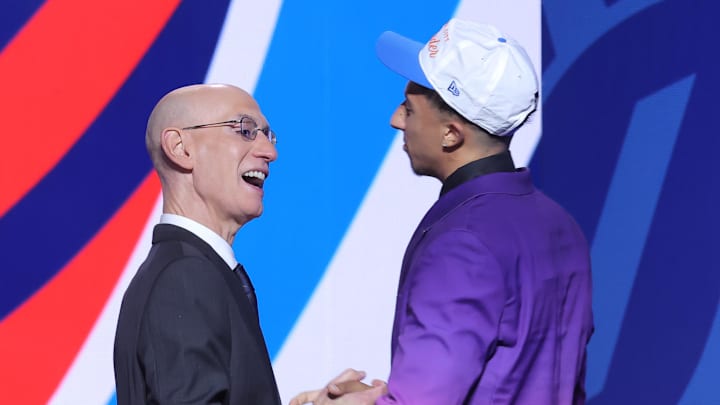 Jun 25, 2025; Brooklyn, NY, USA; Nique Clifford greets NBA commissioner Adam Silver after being selected as the 24th pick by the Oklahoma City Thunder in the first round of the 2025 NBA Draft at Barclays Center. Mandatory Credit: Brad Penner-Imagn Images Jun 25, 2025; Brooklyn, NY, USA; Nique Clifford greets NBA commissioner Adam Silver after being selected as the 24th pick by the Oklahoma City Thunder in the first round of the 2025 NBA Draft at Barclays Center. Mandatory Credit: Brad Penner-Imagn Images