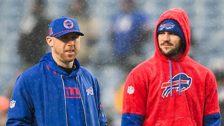 Jan 19, 2025; Orchard Park, New York, USA; Buffalo Bills quarterback Josh Allen (17) speaks with Buffalo Bills Offensive Coordinator Joe Brady Mandatory Credit: Mark Konezny-Imagn Images Jan 19, 2025; Orchard Park, New York, USA; Buffalo Bills quarterback Josh Allen (17) speaks with Buffalo Bills Offensive Coordinator Joe Brady Mandatory Credit: Mark Konezny-Imagn Images