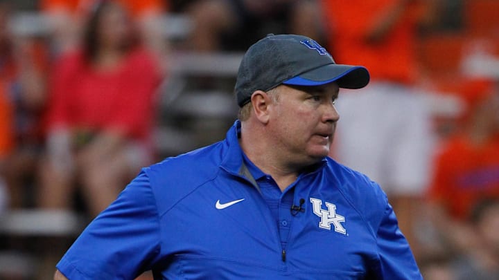 Sep 13, 2014; Gainesville, FL, USA; Kentucky Wildcats head coach Mark Stoops  prior to the game against the Florida Gators at Ben Hill Griffin Stadium. Mandatory Credit: Kim Klement-Imagn Images