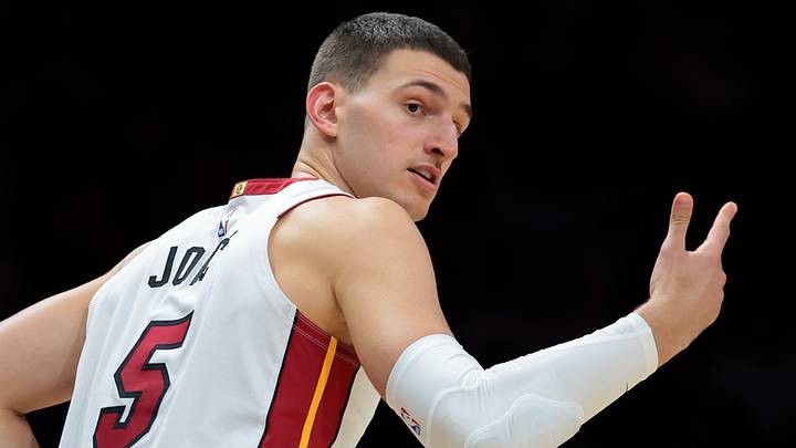 Miami Heat forward Nikola Jovic (5) reacts (Mandatory Credit: Sam Navarro-Imagn Images)