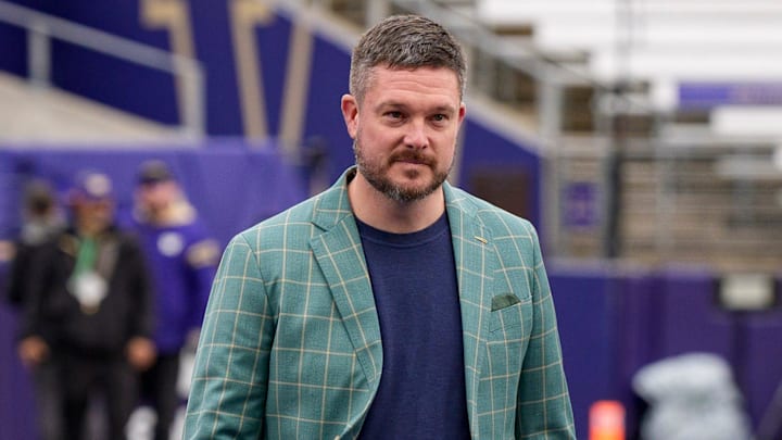 Oregon head coach Dan Lanning walks the field before the game as the Oregon Ducks take on the Washington Huskies on Nov. 29, 2025, at Husky Stadium in Seattle, Washington.