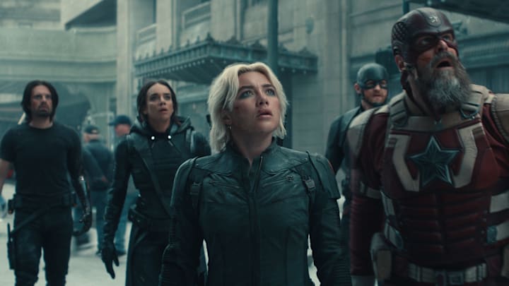 (L-R) Bucky Barnes (Sebastian Stan), Ghost (Hannah John-Kamen), Yelena Belova (Florence Pugh), John Walker (Wyatt Russell), and Red Guardian/Alexei Shostakov (David Harbour) in Marvel Studios' THUNDERBOLTS*. Photo courtesy of Marvel Studios. © 2024 MARVEL.