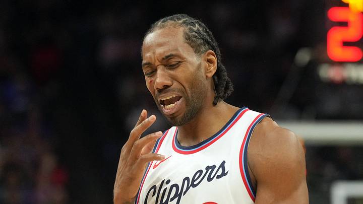 Apr 11, 2025; Sacramento, California, USA; Los Angeles Clippers forward Kawhi Leonard (2) reacts after incurring a facial cut during the fourth quarter against the Sacramento Kings at Golden 1 Center. Mandatory Credit: Darren Yamashita-Imagn Images Apr 11, 2025; Sacramento, California, USA; Los Angeles Clippers forward Kawhi Leonard (2) reacts after incurring a facial cut during the fourth quarter against the Sacramento Kings at Golden 1 Center. Mandatory Credit: Darren Yamashita-Imagn Images