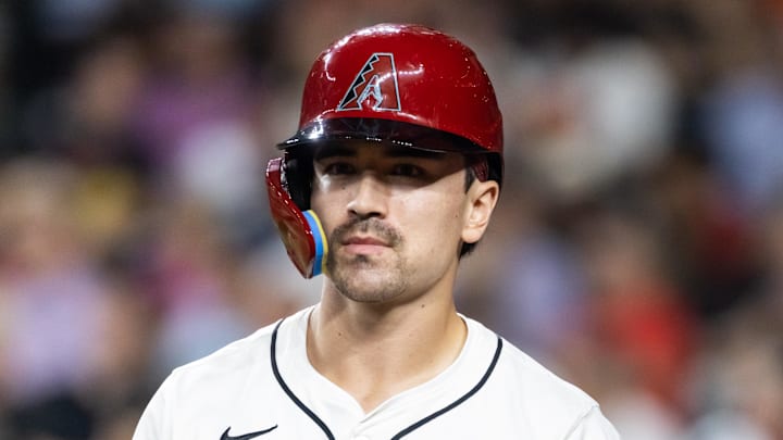 Sep 16, 2025; Phoenix, Arizona, USA; Arizona Diamondbacks outfielder Corbin Carroll against the San Francisco Giants at Chase Field. Mandatory Credit: Mark J. Rebilas-Imagn Images