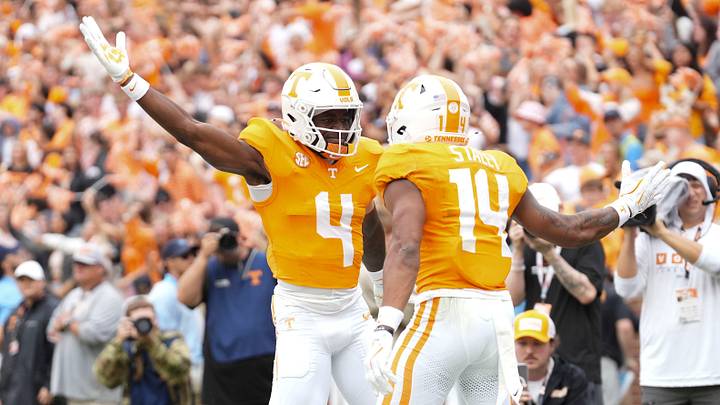 Tennessee wide receivers Mike Matthews (4) and Braylon Staley (14) celebrate Staley's touchdown during an NCAA college football game against ETSU on September 6, 2025, in Knoxville, Tennessee. Tennessee wide receivers Mike Matthews (4) and Braylon Staley (14) celebrate Staley's touchdown during an NCAA college football game against ETSU on September 6, 2025, in Knoxville, Tennessee.
