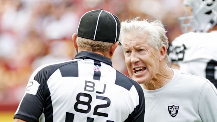 Sep 21, 2025; Landover, Maryland, USA; The Las Vegas Raiders head coach Pete Carroll reacts after a play during the first half against the Washington Commanders at Northwest Stadium. Mandatory Credit: Amber Searls-Imagn Images Sep 21, 2025; Landover, Maryland, USA; The Las Vegas Raiders head coach Pete Carroll reacts after a play during the first half against the Washington Commanders at Northwest Stadium. Mandatory Credit: Amber Searls-Imagn Images