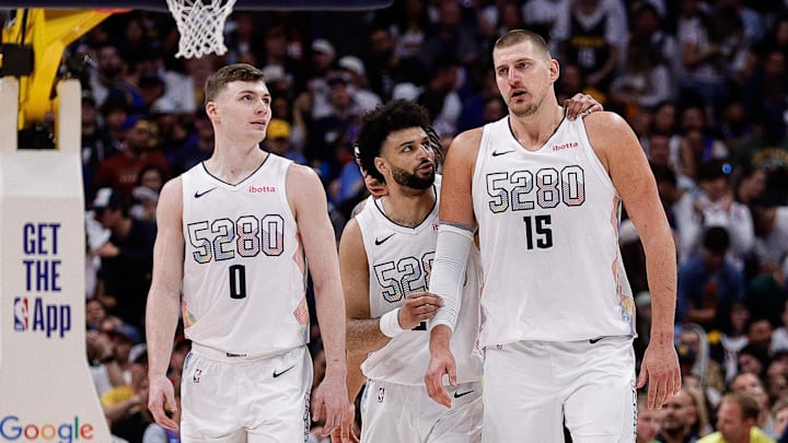 May 15, 2025; Denver, Colorado, USA; Denver Nuggets guard Jamal Murray (27) and center Nikola Jokic (15) and guard Christian Braun (0) in the fourth quarter against the Oklahoma City Thunder during game six of the second round for the 2025 NBA Playoffs at Ball Arena. Mandatory Credit: Isaiah J. Downing-Imagn Images May 15, 2025; Denver, Colorado, USA; Denver Nuggets guard Jamal Murray (27) and center Nikola Jokic (15) and guard Christian Braun (0) in the fourth quarter against the Oklahoma City Thunder during game six of the second round for the 2025 NBA Playoffs at Ball Arena. Mandatory Credit: Isaiah J. Downing-Imagn Images
