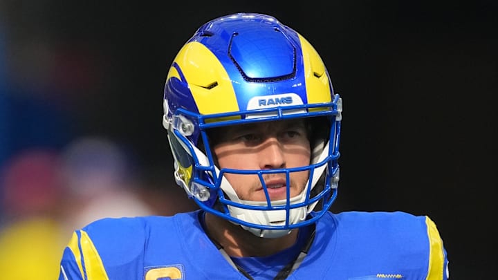 Dec 14, 2025; Inglewood, California, USA; Los Angeles Rams quarterback Matthew Stafford (9) is seen during warmups prior to the game against the Detroit Lions at SoFi Stadium. Mandatory Credit: Kirby Lee-Imagn Images