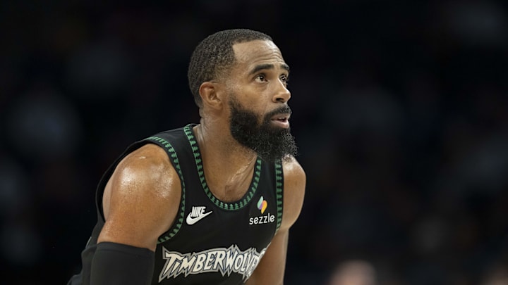 Oct 29, 2025; Minneapolis, Minnesota, USA; Minnesota Timberwolves guard Mike Conley (10) looks on against the Los Angeles Lakers in the second half at Target Center. Mandatory Credit: Jesse Johnson-Imagn Images