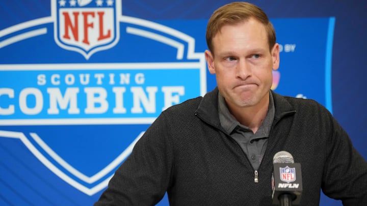Former Detroit Lions offensive coordinator and current Chicago Bears coach Ben Johnson speaks during the NFL Scouting Combine at the Indiana Convention Center.