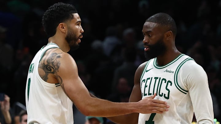 Mar 25, 2026; Boston, Massachusetts, USA; Boston Celtics guard Jaylen Brown (7) and forward Jayson Tatum (0) congratulate each other in the final seconds of the fourth quarter of their win over the Oklahoma City Thunder at TD Garden. Mandatory Credit: Winslow Townson-Imagn Images Mar 25, 2026; Boston, Massachusetts, USA; Boston Celtics guard Jaylen Brown (7) and forward Jayson Tatum (0) congratulate each other in the final seconds of the fourth quarter of their win over the Oklahoma City Thunder at TD Garden. Mandatory Credit: Winslow Townson-Imagn Images