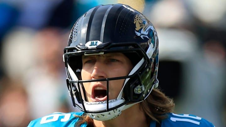 Jacksonville Jaguars quarterback Trevor Lawrence (16) reacts to a false start during the first quarter of an NFL football AFC Wild Card playoff matchup, Sunday, Jan. 11, 2026, in Jacksonville, Fla. The Bills defeated the Jaguars 27-24. [Corey Perrine/Florida Times-Union]