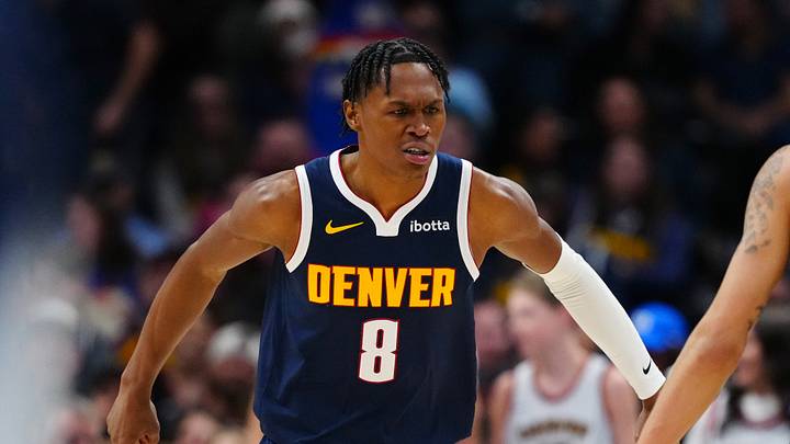 Dec 28, 2024; Denver, Colorado, USA; Denver Nuggets forward Peyton Watson (8) reacts to a basket made in the second half against the Detroit Pistons at Ball Arena. Dec 28, 2024; Denver, Colorado, USA; Denver Nuggets forward Peyton Watson (8) reacts to a basket made in the second half against the Detroit Pistons at Ball Arena.