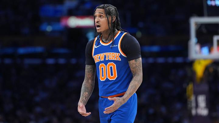 New York Knicks guard Jordan Clarkson (00) reacts against the Los Angeles Lakers in the second half at Crypto.com Arena. New York Knicks guard Jordan Clarkson (00) reacts against the Los Angeles Lakers in the second half at Crypto.com Arena.