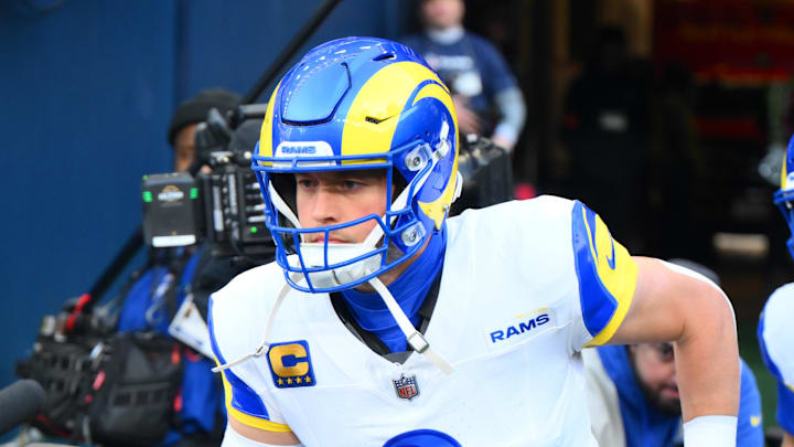 Jan 25, 2026; Seattle, WA, USA; Los Angeles Rams quarterback Matthew Stafford (9) walks on field before the 2026 NFC Championship Game against the Seattle Seahawks at Lumen Field. Mandatory Credit: Steven Bisig-Imagn Images