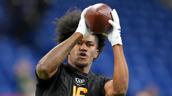 Feb 28, 2026; Indianapolis, IN, USA; Texas A&M wideout KC Concepcion (WO16) during the NFL Scouting Combine at Lucas Oil Stadium. Mandatory Credit: Kirby Lee-Imagn Images