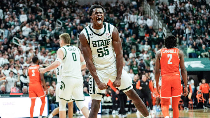 Michigan State forward Coen Carr (55) celebrates a play against Bowling Green during the second half at Breslin Center in East Lansing on Saturday, Nov. 16, 2024. Michigan State forward Coen Carr (55) celebrates a play against Bowling Green during the second half at Breslin Center in East Lansing on Saturday, Nov. 16, 2024.