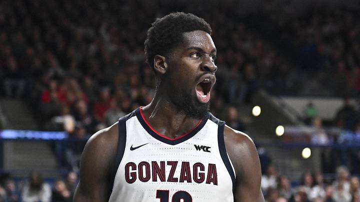Jan 18, 2025; Spokane, Washington, USA; Gonzaga Bulldogs forward Graham Ike (13) reacts after a play against the Santa Clara Broncos in the second half at McCarthey Athletic Center. Santa Clara Broncos won 103-99. Mandatory Credit: James Snook-Imagn Images
