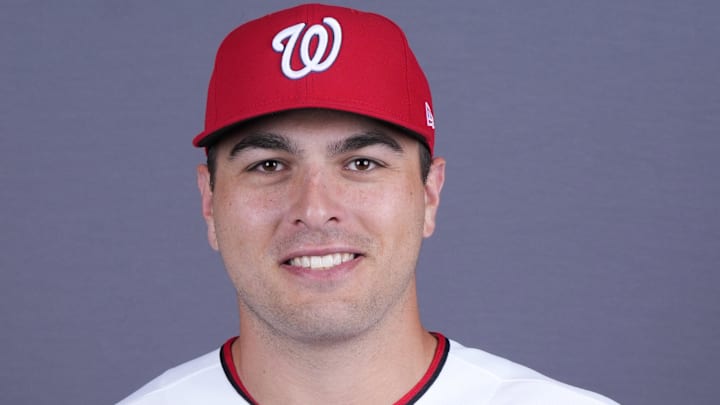 Feb 20, 2026; Palm Beach County, FL, USA;  Washington Nationals first baseman Matt Mervis (35) poses for a portrait during photo day at CACTI Park of the Palm Beaches. Mandatory Credit: Jim Rassol-Imagn Images