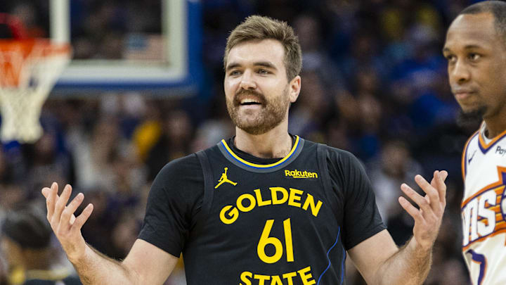 Dec 20, 2025; San Francisco, California, USA; Golden State Warriors guard Pat Spencer (61) reacts during the third quarter against the Phoenix Suns at Chase Center. Mandatory Credit: John Hefti-Imagn Images