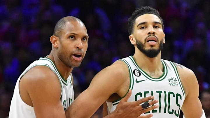 May 7, 2023; Philadelphia, Pennsylvania, USA; Boston Celtics center Al Horford (42) and forward Jayson Tatum (0) against the Philadelphia 76ers during the fourth quarter of game four of the 2023 NBA playoffs at Wells Fargo Center. Mandatory Credit: Eric Hartline-Imagn Images May 7, 2023; Philadelphia, Pennsylvania, USA; Boston Celtics center Al Horford (42) and forward Jayson Tatum (0) against the Philadelphia 76ers during the fourth quarter of game four of the 2023 NBA playoffs at Wells Fargo Center. Mandatory Credit: Eric Hartline-Imagn Images