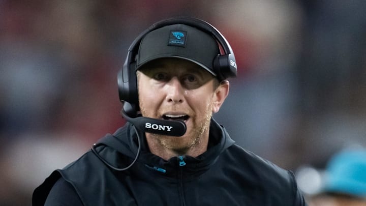 Nov 23, 2025; Glendale, Arizona, USA; Jacksonville Jaguars head coach Liam Coen against the Arizona Cardinals at State Farm Stadium. Mandatory Credit: Mark J. Rebilas-Imagn Images