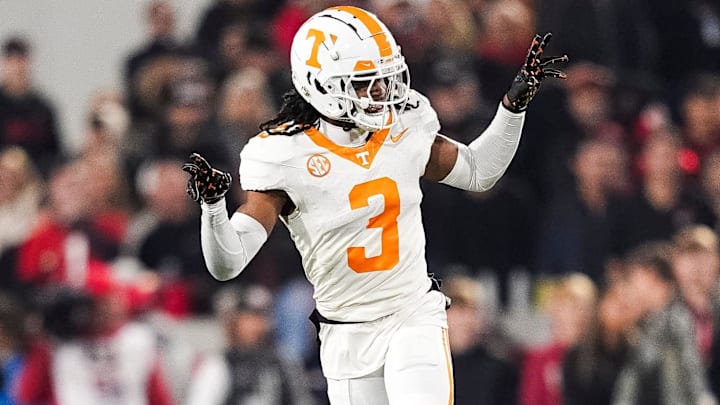Tennessee defensive back Jermod McCoy (3) celebrates after making a play during a college football game between Tennessee and Georgia at Sanford Stadium in Athens, Ga., on Saturday, November 16, 2024.