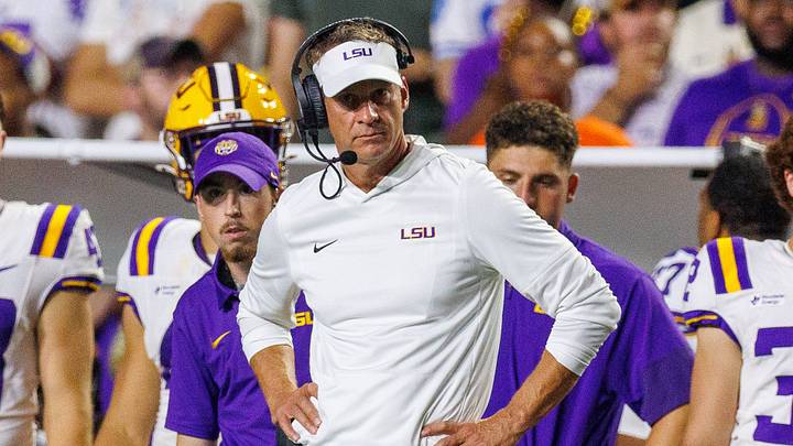 LSU Tigers head coach Lane Kiffin looks on against Clemson Tigers during the first half at Tiger Stadium. LSU Tigers head coach Lane Kiffin looks on against Clemson Tigers during the first half at Tiger Stadium.