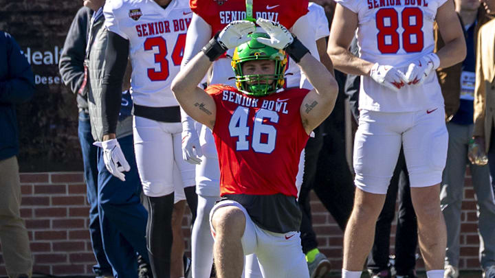 Jan 28, 2026; Mobile, AL, USA; National Team linebacker Bryce Boettcher (46) of Oregon practices during National Senior Bowl practice at Hancock Whitney Stadium. Mandatory Credit: Vasha Hunt-Imagn Images Jan 28, 2026; Mobile, AL, USA; National Team linebacker Bryce Boettcher (46) of Oregon practices during National Senior Bowl practice at Hancock Whitney Stadium. Mandatory Credit: Vasha Hunt-Imagn Images