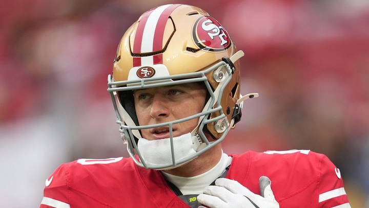 Dec 14, 2025; Santa Clara, California, USA;  San Francisco 49ers quarterback Mac Jones (10) warms up prior to the first half against the Tennessee Titans at Levi's Stadium. Mandatory Credit: Cary Edmondson-Imagn Images