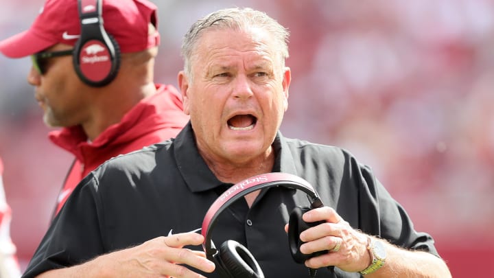 Arkansas Razorbacks head coach Sam Pittman reacts during the second half against the Mississippi State Bulldogs at Donald W. Reynolds Razorback Stadium. 